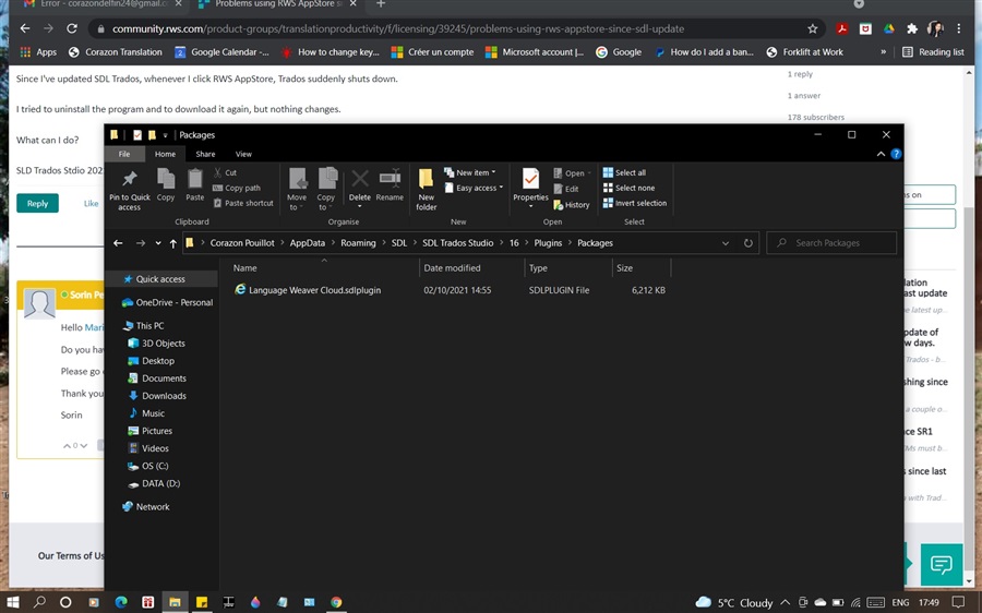 Screenshot of a Trados Studio error message, with a file explorer window showing 'Language Weaver Cloud.sdlplugin' file selected in the 'Packages' folder.