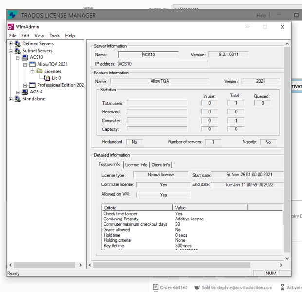 Screenshot of Trados License Manager with detailed information tab selected, displaying license type as normal, commuter license as yes, and criteria including Check time tamper and Combining Property.