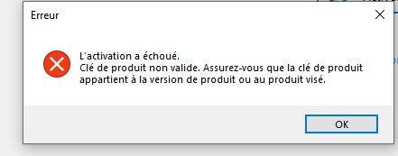 Error message in Trados Studio activation window stating 'Activation failed. Invalid product key. Make sure the product key belongs to the product version or the targeted product.' with an OK button.