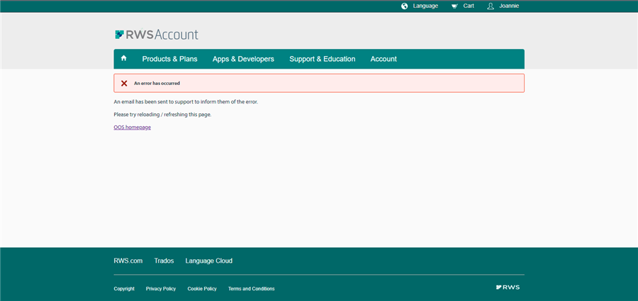 Screenshot of RWS Account page with an error message stating 'An error has occurred' and instructions to reload the page. Error code 005 homepage is displayed at the bottom.