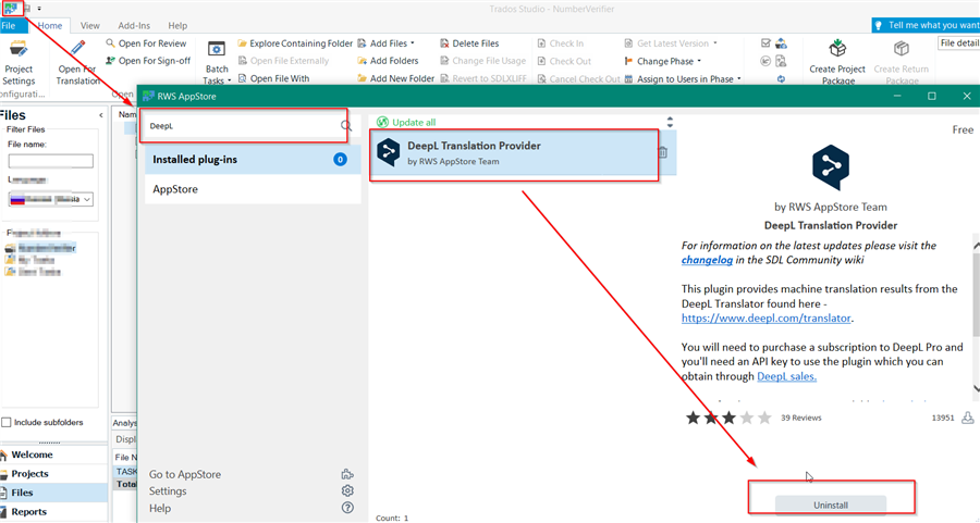 Trados Studio screenshot showing the 'Installed plug-ins' section with DeepL Translation Provider selected and an 'Uninstall' button highlighted.