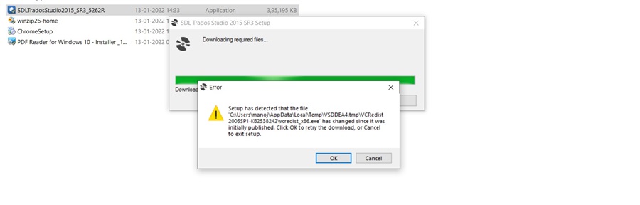 Error message during SDL Trados Studio 2015 SR2 setup on Windows 10, stating 'Setup has detected that the file C:UsersusernameAppDataLocalTempVSD9E4A.tmpVCRedistx86vcredist_x86.exe has changed since it was initially published.' with options to retry or cancel.