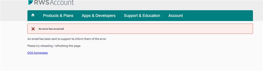 Screenshot of RWS Account page with an error message box stating 'An error has occurred' and instructions to reload the page or contact support.