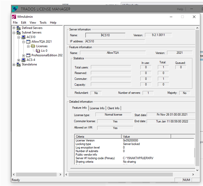 Screenshot of Trados License Manager showing server information for ACS10 with version 9.2.1.0011, feature information for AllowTQA version 2021, and license details including start and end dates.