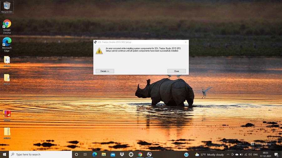 Error message during SDL Trados Studio 2015 SR3 setup stating 'An error occurred while installing system components for SDL Trados Studio 2015 SR3. Setup cannot continue until all system components have been successfully installed.' with a 'Close' button.