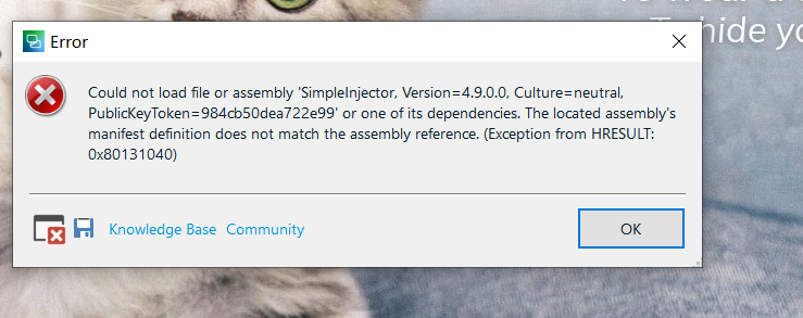 Error message in Trados Studio stating 'Could not load file or assembly 'SimpleInjector, Version=4.9.0.0, Culture=neutral, PublicKeyToken=98cb5d0ea722e99' or one of its dependencies. The located assembly's manifest definition does not match the assembly reference. (Exception from HRESULT: 0x80131040)' with an OK button.