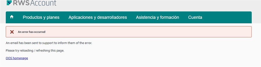 Screenshot of Trados Studio error message stating 'An error has occurred' with a suggestion to reload the page and a link to the SDL homepage.