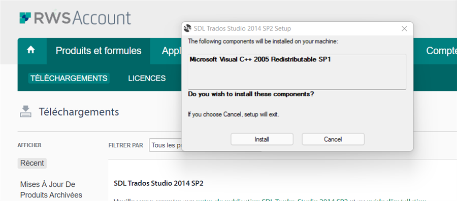 SDL Trados Studio 2014 SP2 setup prompt asking to install Microsoft Visual C++ 2005 Redistributable SP1 with Install and Cancel buttons.