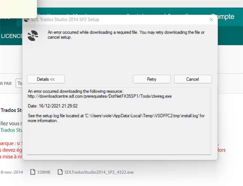 Error message during SDL Trados Studio setup stating 'An error occurred while downloading a required file' with a Retry and Cancel button.