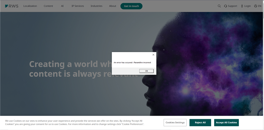 Screenshot of RWS website with an error message popup saying 'An error has occurred: Parameter is incorrect.'
