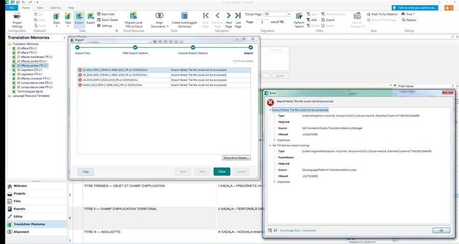 Trados Studio Translation Memories window showing failed import files with error message 'The file could not be processed.'