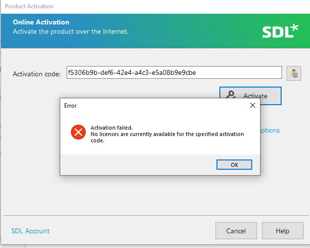 Trados Studio Product Activation window showing an error message 'Activation failed. No licenses are currently available for the specified activation code.' with an OK button.