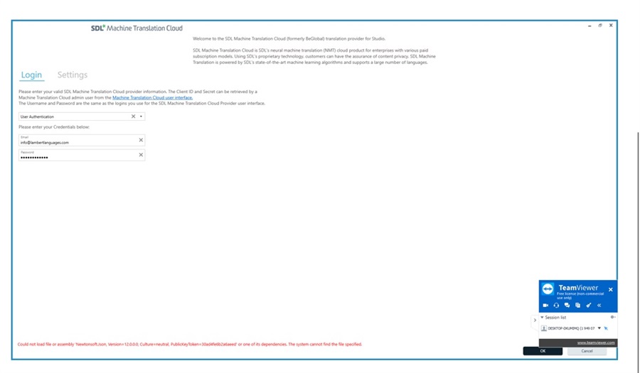 SDL Machine Translation Cloud login screen with an error message in red stating 'Could not load file or assembly 'Newtonsoft.Json, Version=12.0.0.0, Culture=neutral, PublicKeyToken=30ad4fe6b2a6aeed' or one of its dependencies. The system cannot find the file specified.'