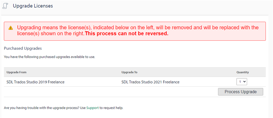 Error message popup from SDL Trados Studio activation stating 'Activation failed. No licenses are currently available for the specified activation code.' with an 'OK' button.