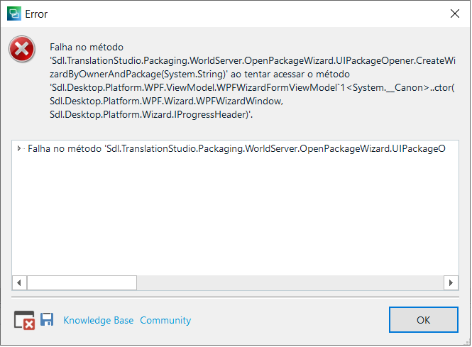 Error dialog box in Trados Studio showing a method failure in 'Sdl.TranslationStudio.Packaging.WorldServer.OpenPackageWizard.UIPackageOpener' when trying to access a method in 'Sdl.Desktop.Platform.WPF'. Buttons for Knowledge Base and Community are visible.