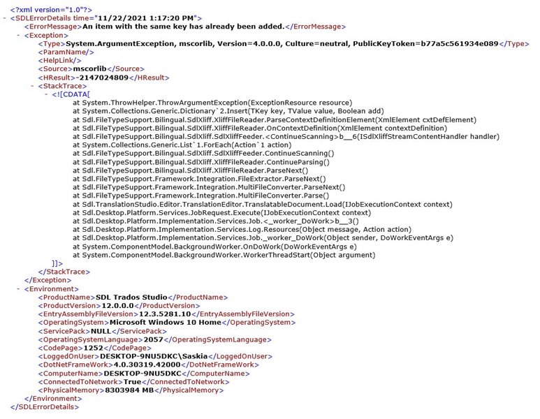 Screenshot of an error message in Trados Studio. The error states 'An item with the same key has already been added.' It includes a timestamp and details of the exception stack trace, mentioning various system and file integration functions.