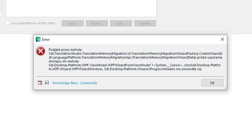 Error message in Trados Studio indicating a failed method call related to TranslationMemoryMigration with a 'Knowledge Base' and 'Community' button at the bottom.