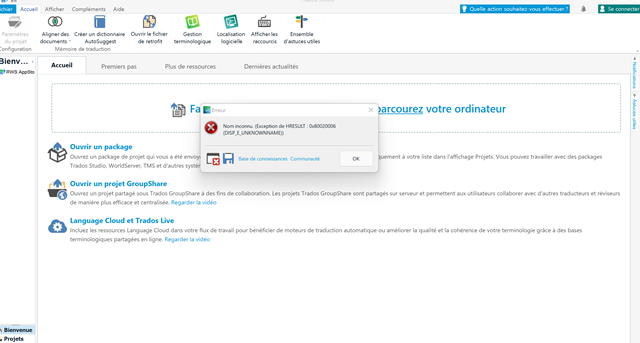 Error message in Trados Studio 2021 stating 'Non-terminating decimal expansion; no exact representable decimal result.' with an 'OK' button.