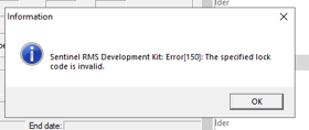Error message from Sentinel RMS Development Kit stating 'Error150: The specified lock code is invalid.'