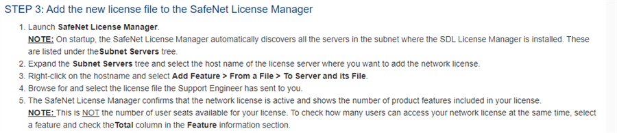 Instructions for adding a new license file to the SafeNet License Manager in Trados Studio.