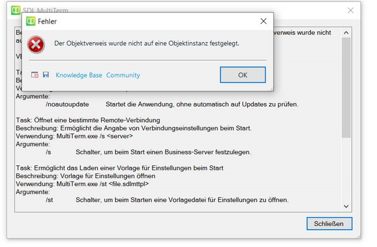 Error message in SDL MultiTerm stating 'The object reference was not set to an object instance.' with an OK button.