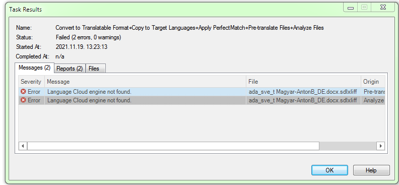Trados Studio Task Results window showing a failed status with 2 errors. Messages indicate 'Language Cloud engine not found.'