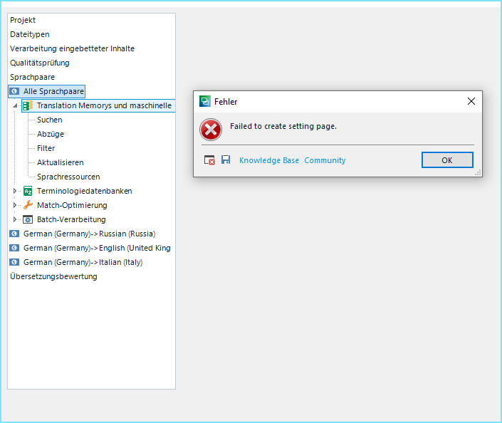 Trados Studio error message window saying 'Failed to create setting page' with an 'OK' button and links to 'Knowledge Base' and 'Community'.