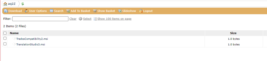 Screenshot of Trados Studio WebInterface showing two files listed: 'TradosCompatibility2.msi' and 'TranslationStudio3.msi', both with a file size of 1.0 bytes, indicating the files are empty.