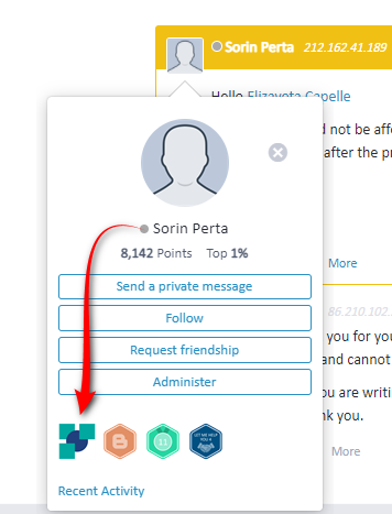 Screenshot showing a user profile pop-up on Trados Studio forum with the name Sorin Perta, an IP address, and options to send a message, follow, request friendship, and administer. A red arrow points to the administer button.