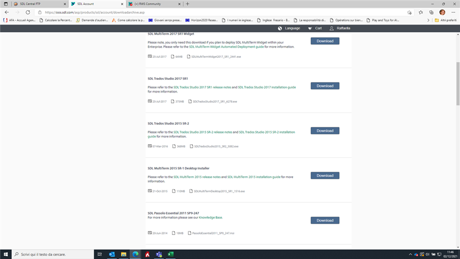 Screenshot of Trados Studio download page, showing various versions available for download including 'SDL Trados Studio 2017 SR1' and 'SDL Trados Studio 2015 SR2'.