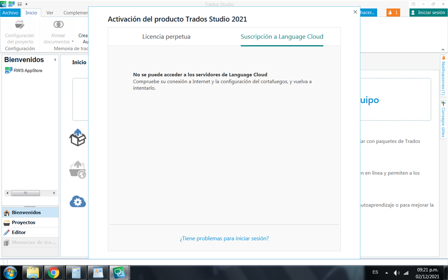 Trados Studio 2021 activation screen with an error message stating 'Cannot access Language Cloud servers. Check your internet connection and firewall settings, and try again.'