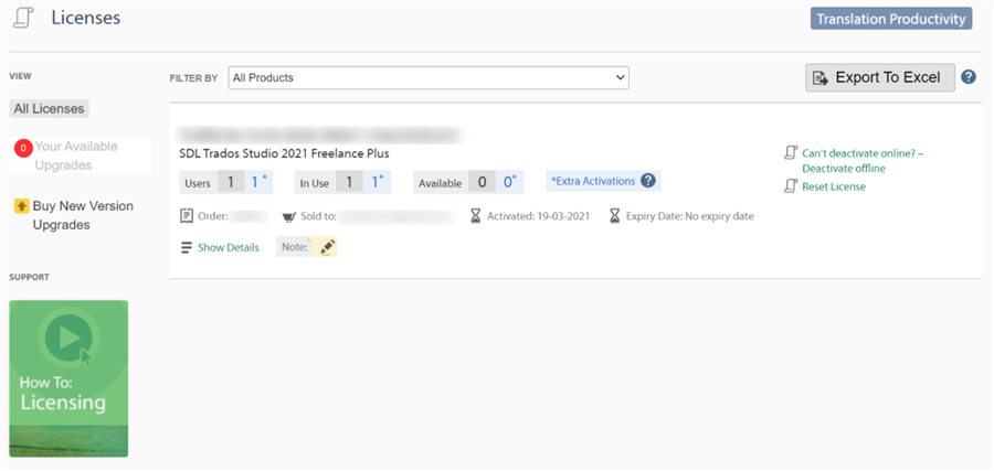 Trados Studio licensing page showing 1 user with 1 license in use and 1 available, with a warning 'Can't deactivate online - Deactivate offline' and a 'Reset License' option.