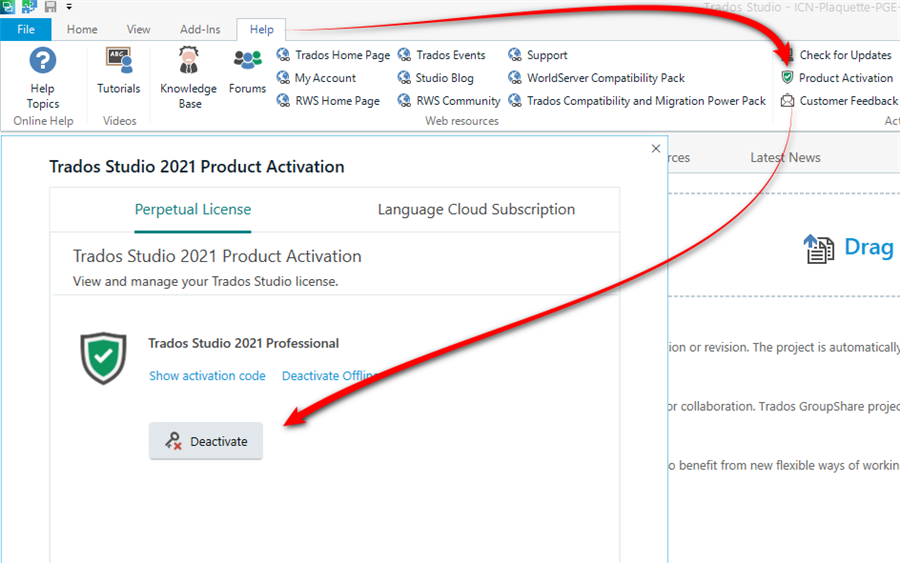 Trados Studio 2021 Product Activation window showing a perpetual license with an activated Trados Studio 2021 Professional and a 'Deactivate' button highlighted by a red arrow.