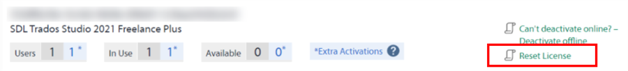 Trados Studio license management page with a focus on the 'Reset License' button indicating an action to free up a license.