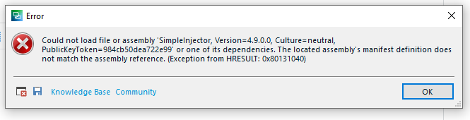 Error dialog box in Trados Studio 2021 stating 'Could not load file or assembly 'SimpleInjector, Version=4.9.0.0, Culture=neutral, PublicKeyToken=984cb50dea722e99' or one of its dependencies. The located assembly's manifest definition does not match the assembly reference. (Exception from HRESULT: 0x80131040)' with an OK button.