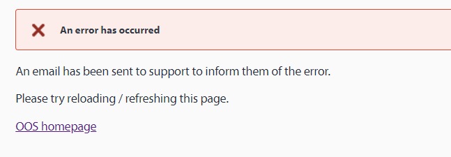 Error message in Trados Studio upgrade process stating 'An error has occurred' with instructions to reload the page and a link to the OOS homepage.