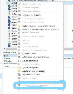 Right-click context menu in Trados Studio with options like Open for translation, Open for review, and Change file usage highlighted in blue.