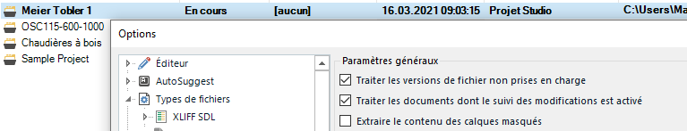 Trados Studio project 'Meier Tobler 1' showing 'Types de fichiers non pris en charge' option checked under 'Options' with 'En cours' status and timestamp '16.03.2021 09:03:15'.