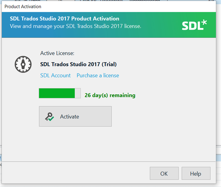 SDL Trados Studio 2017 Product Activation window showing an active trial license with 26 days remaining and an 'Activate' button.