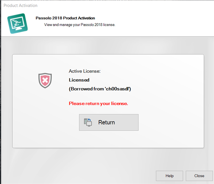 Passolo 2018 Product Activation window showing an error with Active License status as 'Licensed (Borrowed from 'ch00sassd')' and a message prompting 'Please return your license.' with a 'Return' button.