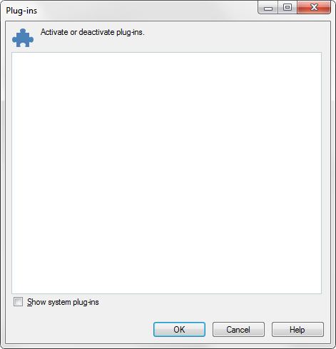 Screenshot of Trados Studio's Plug-ins window showing no plug-ins listed under the 'Activate or deactivate plug-ins' section.