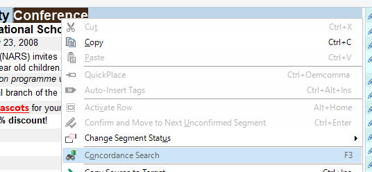 Context menu in Trados Studio with 'Concordance Search' option highlighted, shortcut key F3 displayed.