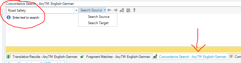 Concordance Search pane in Trados Studio with 'Enter text to search.' prompt and a red arrow pointing to the search button.