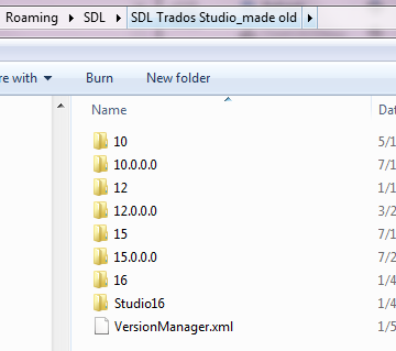File Explorer window showing SDL Trados Studio folders with versions 10, 10.0.0, 12, 12.0.0, 15, 15.0.0, 16, Studio16, and VersionManager.xml.