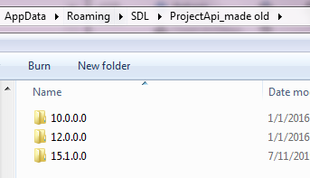 File Explorer window showing SDL ProjectApi folders with versions 10.0.0, 12.0.0, and 15.1.0.