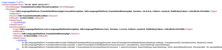 XML error message indicating a 'TranslationMemoryApi.CascadedException' in Trados Studio with reference codes and file paths.