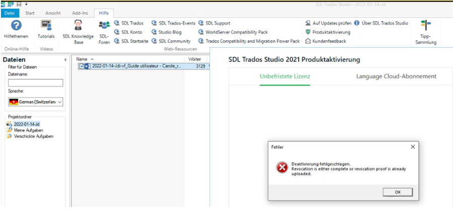 Screenshot of Trados Studio interface with a file list, showing a selected file named '2022-01-14-v4-Guide utilisateur - Carole' and language set to German (Switzerland).