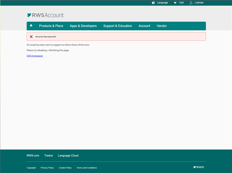 Screenshot of Trados Studio's RWS Account page displaying an error message. The message reads 'An error has occurred. An email has been sent to support to inform them of the error. Please try reloading  refreshing this page.' with a link to the OOS homepage.