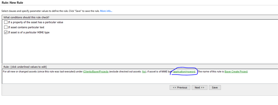 Trados Studio screenshot displaying the 'New Rule' condition clause with 'If asset is of a particular MIME type' highlighted. Rule name is 'Rule: Create Project'.