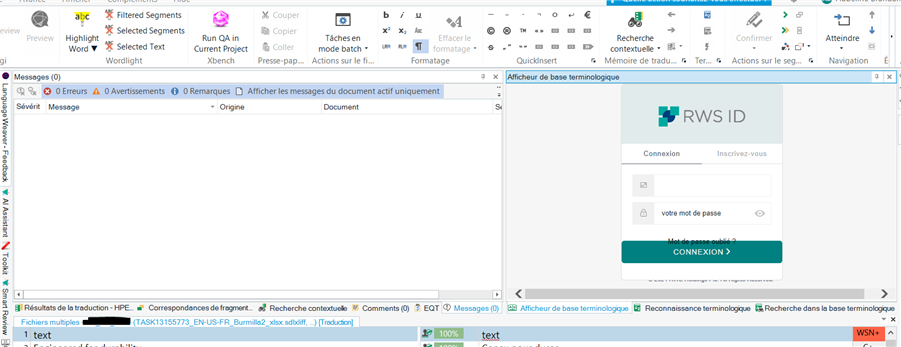 Screenshot of Trados Studio interface with a focus on the RWS ID login prompt for cloud-based term base, showing a password field and a 'CONNEXION' button.
